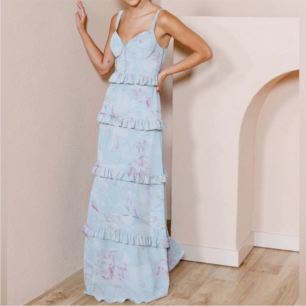 Revelry Chiffon Light Blue Floral Tiered Maxi Dress